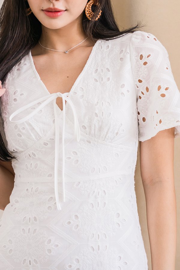 Klara Flare Sleeve Tie-Ribbon Dress (White Eyelet)