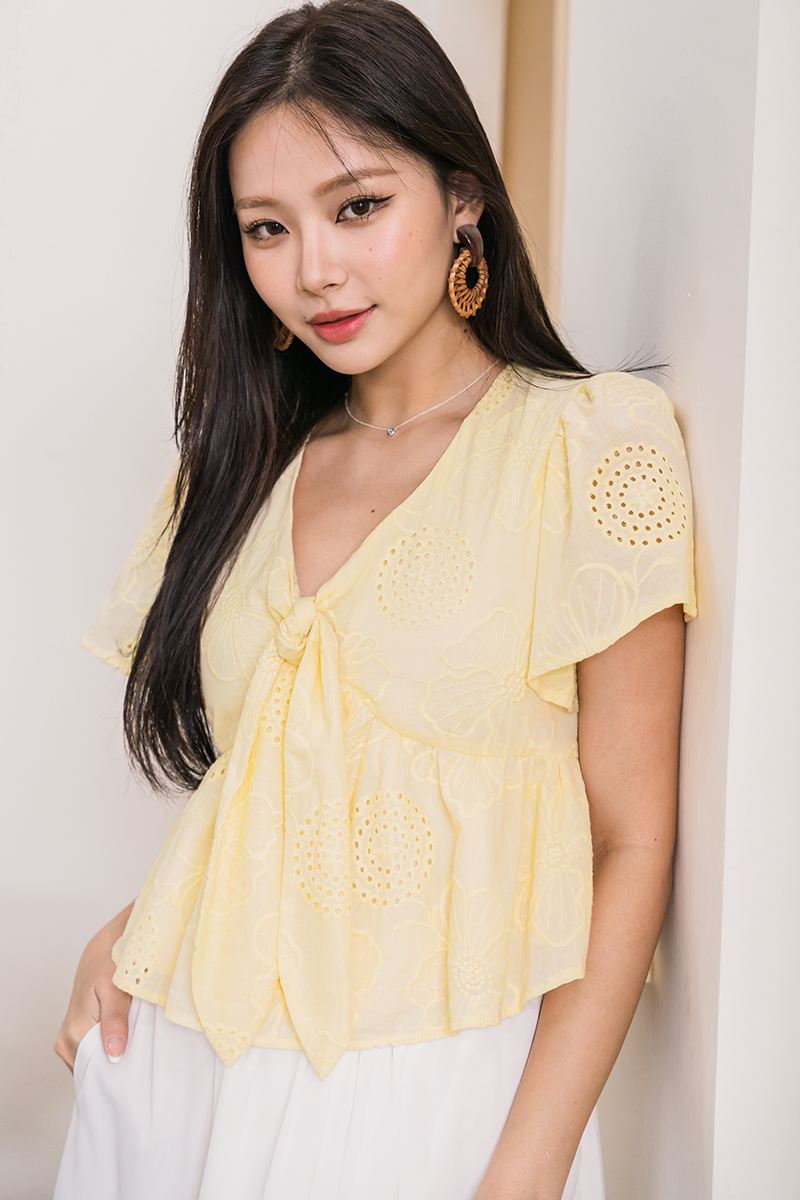 RESTOCKED* Jayley Tie-Front Peplum Top (Lemon Sorbet Embroidery