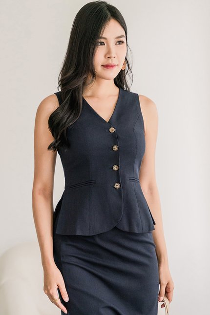 Clover Button Back-Tie Linen Vest (Midnight)