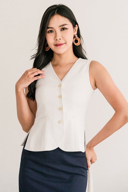 Clover Button Back-Tie Linen Vest (White)