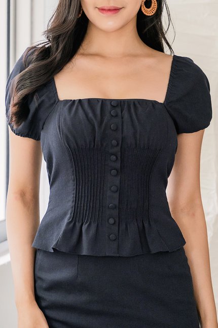 Clover Padded Pintuck Linen Top (Midnight)