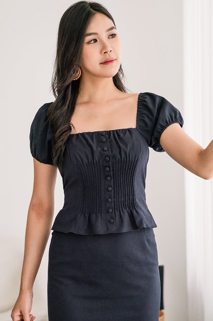 Clover Padded Pintuck Linen Top (Midnight)