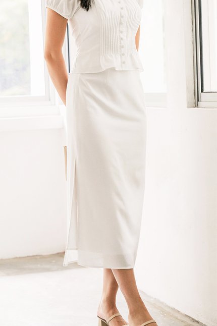 Clover Side Slit Linen Midaxi Skirt (White)