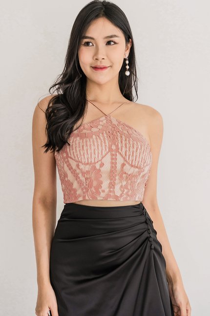 Helena Padded Halter Lace Top (Rose)