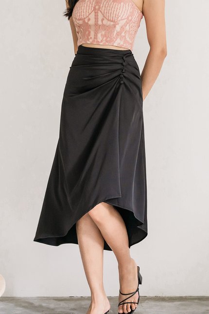 Blair Ruched Asymmetrical Midi Skirt (Black)