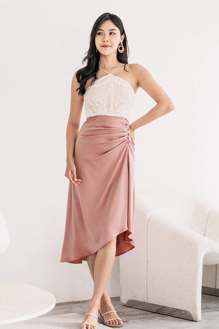 Blair Ruched Asymmetrical Midi Skirt (Rose)