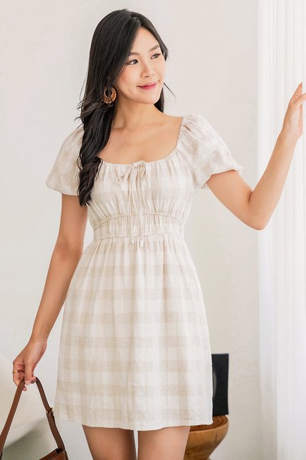 Lola Gathered Gingham Dress (Sand)