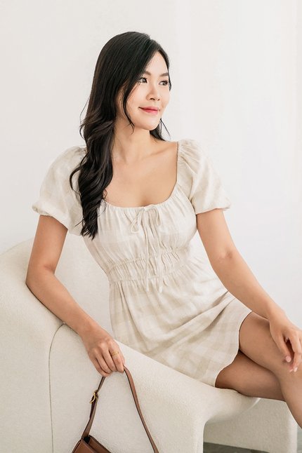 Lola Gathered Gingham Dress (Sand)