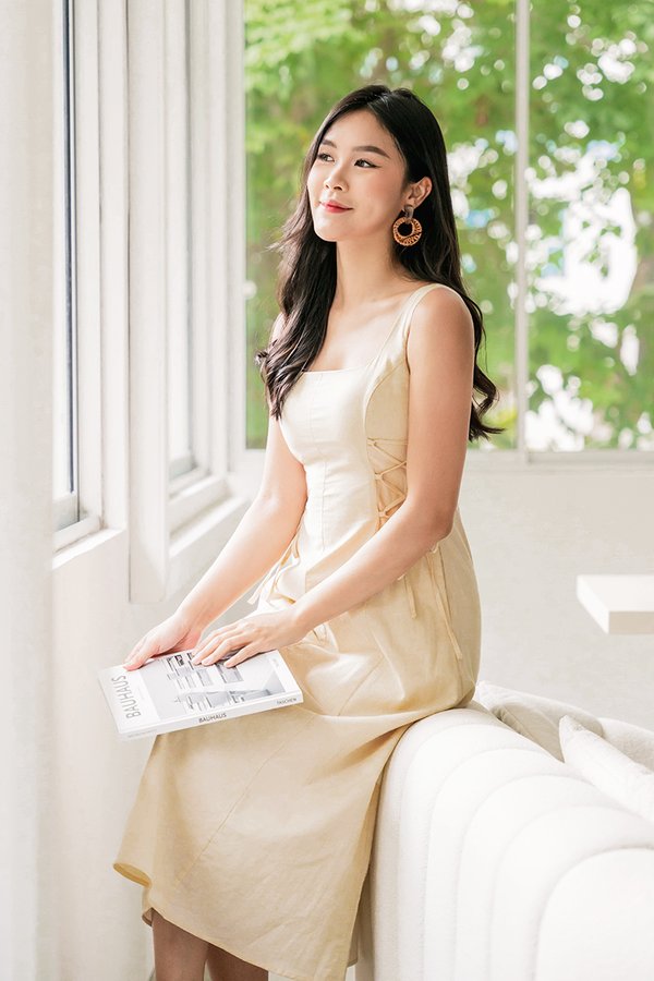 Lianna Padded Side-Tie Linen Midaxi Dress (Eggshell)