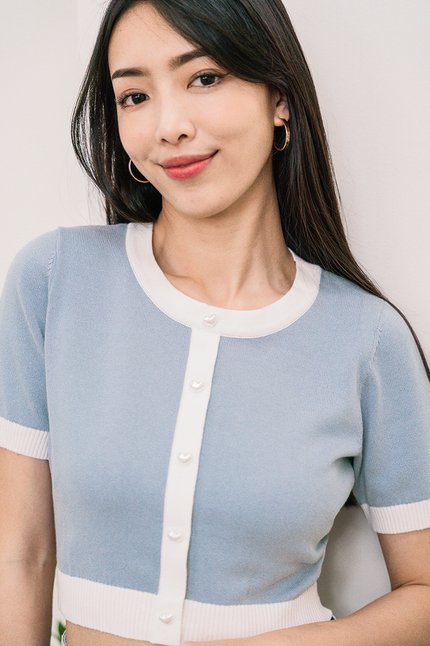 Cassey Contrast Trim Heart-Button Knit Top (Arctic Blue)