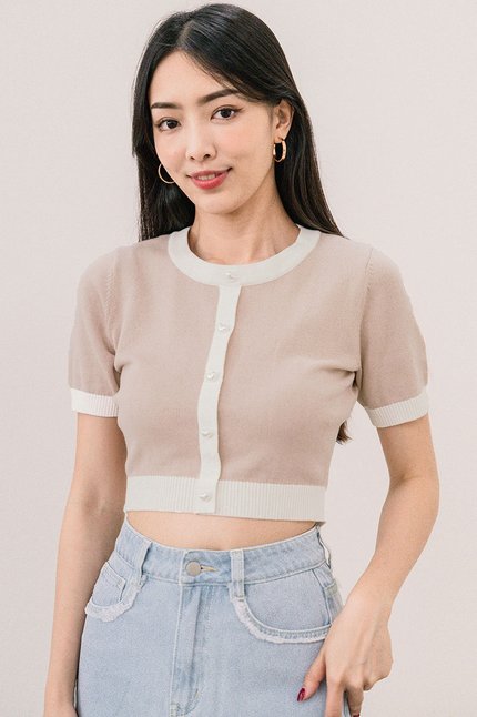 Cassey Contrast Trim Heart-Button Knit Top (Pink Taupe)