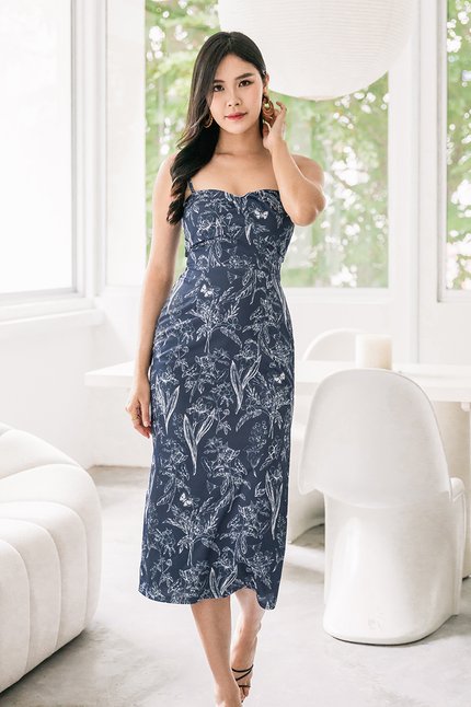 Ivy Padded Cut-Out Midaxi Slit Dress (Navy Enchanted Reverie)