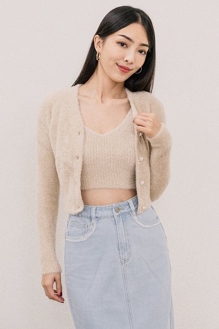 Phoebe Fuzzy Knit Cardigan (Milk Tea)