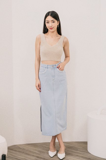 Jessabelle Frayed Pockets Denim Midaxi Skirt (Light Wash)