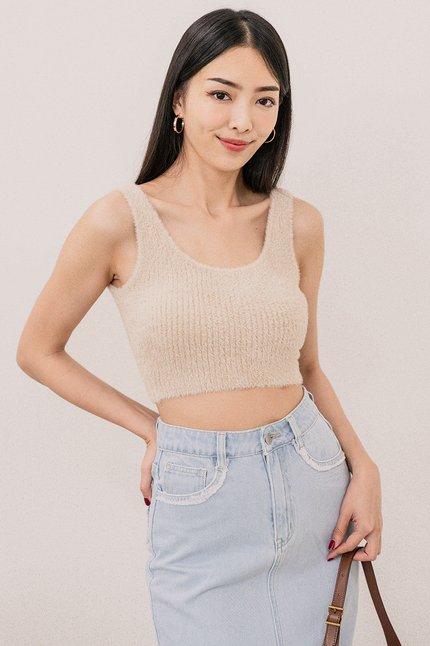 Phoebe Fuzzy Two-Way Knit Top (Milk Tea)