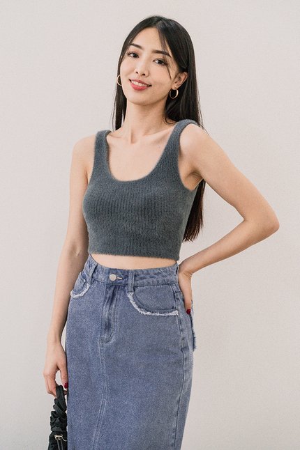 Phoebe Fuzzy Two-Way Knit Top (Smoke Green)