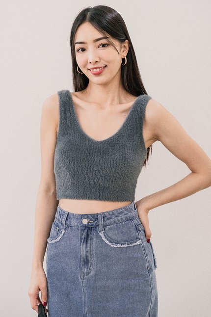 Phoebe Fuzzy Two-Way Knit Top (Smoke Green)