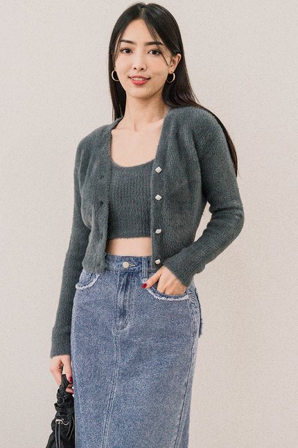 Phoebe Fuzzy Knit Cardigan (Smoke Green)