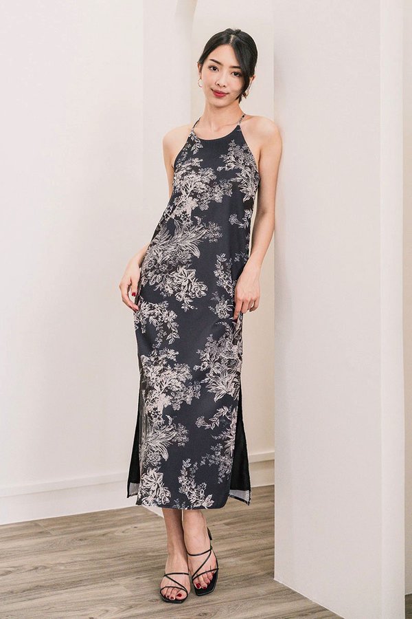 Layla Halter Knot Back Midaxi Dress (Black Earthy Bliss)