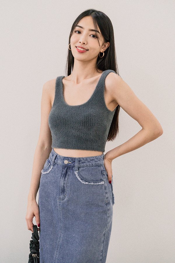 Phoebe Fuzzy Two-Way Knit Top (Smoke Green)