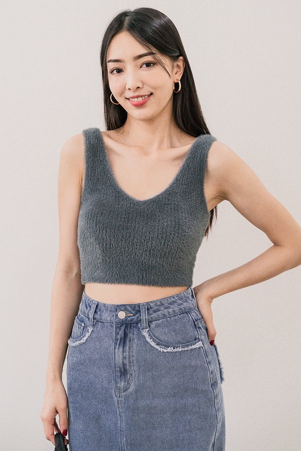 Phoebe Fuzzy Two-Way Knit Top (Smoke Green)