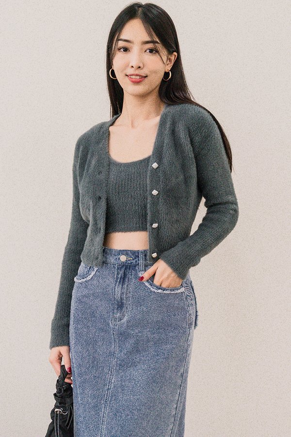 Phoebe Fuzzy Knit Cardigan (Smoke Green)
