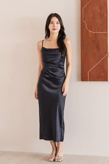 Chantel Padded Cowl Satin Midaxi Dress (Midnight)
