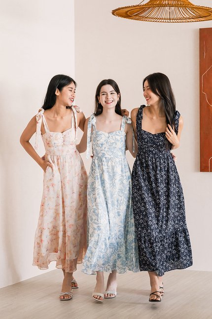Charlotte Padded Tie-Strap Maxi Dress (Midnight Meadow)