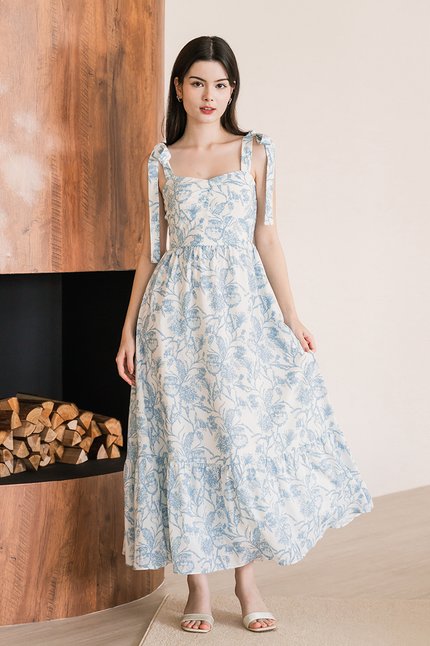 Charlotte Padded Tie-Strap Maxi Dress (Columbia Blue Batik)
