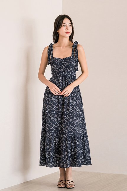 Charlotte Padded Tie-Strap Maxi Dress (Midnight Meadow)