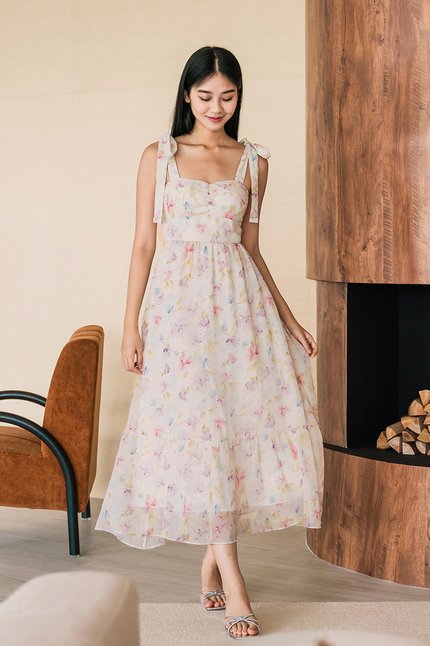Charlotte Padded Tie-Strap Maxi Dress (Springtime)