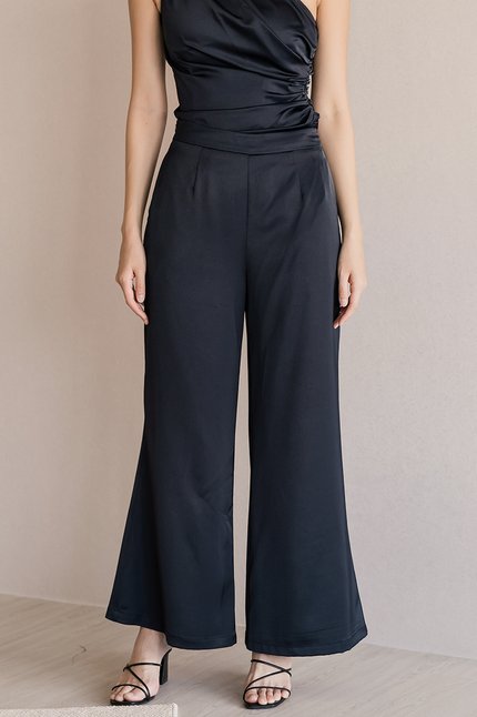 Claudine Satin Wide Leg Pants - Petite (Midnight Black)