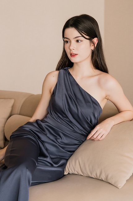 Claudine Padded Ruched Satin Toga Top (Shadow)