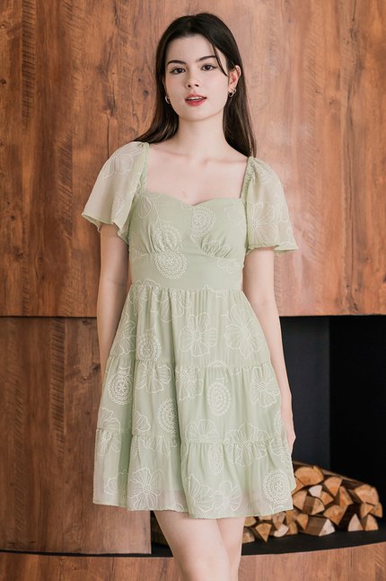 Darley Padded Flutter Sleeve Embroidery Dress (Sage)