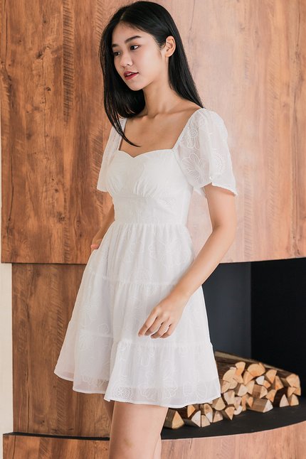 Darley Padded Flutter Sleeve Embroidery Dress (White)