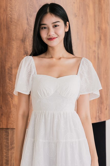 Darley Padded Flutter Sleeve Embroidery Dress (White)