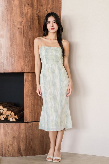 Dione Padded Folds Midi Dress (Ocean Dreams)