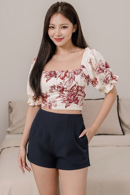 Jayme Padded Puff Sleeve Ruched Top (Maroon Earthy Bliss)