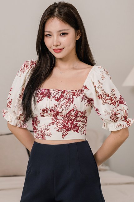 Jayme Padded Puff Sleeve Ruched Top (Maroon Earthy Bliss)