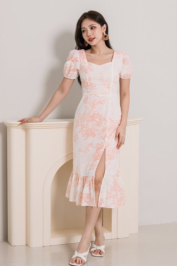 Belle Puff Sleeve Midi Dress (Blush Earthy Bliss)