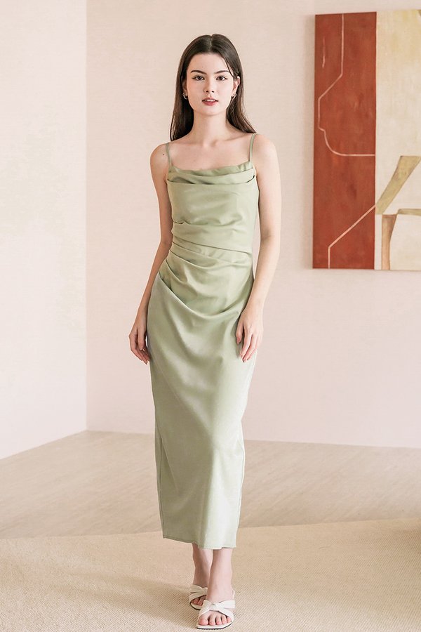 Chantel Padded Cowl Satin Midaxi Dress (Sage)