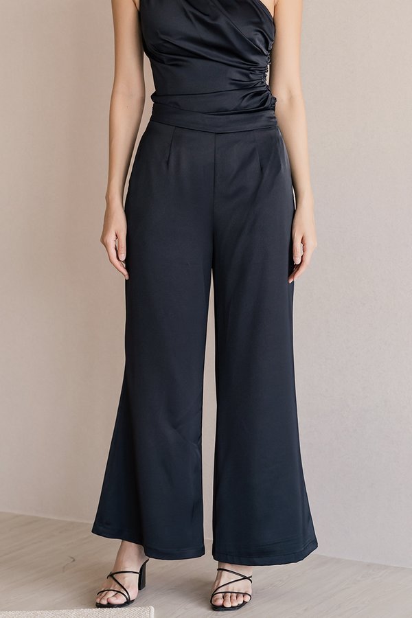 Claudine Satin Wide Leg Pants - Petite (Midnight Black)