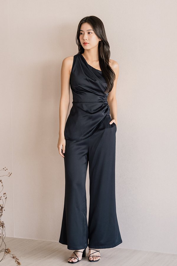 Claudine Satin Wide Leg Pants - Petite (Midnight Black)