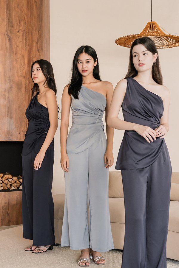 Claudine Satin Wide Leg Pants - Petite (Silver Grey)