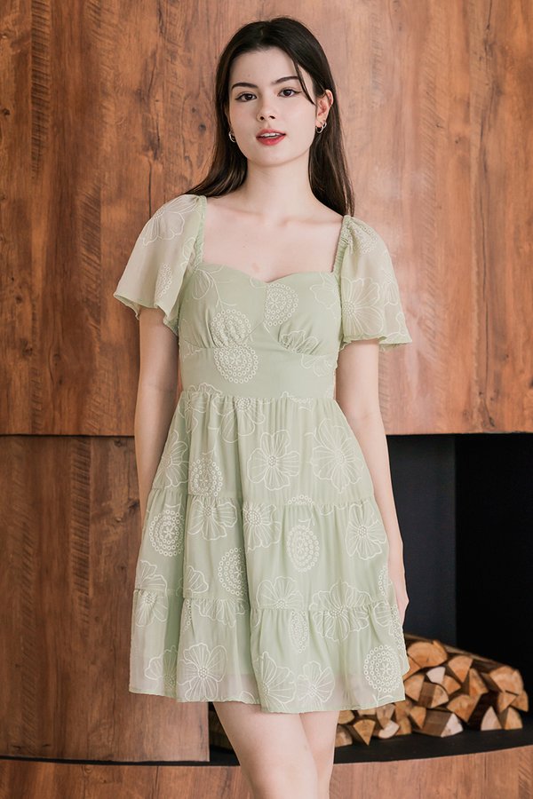 Darley Padded Flutter Sleeve Embroidery Dress (Sage)