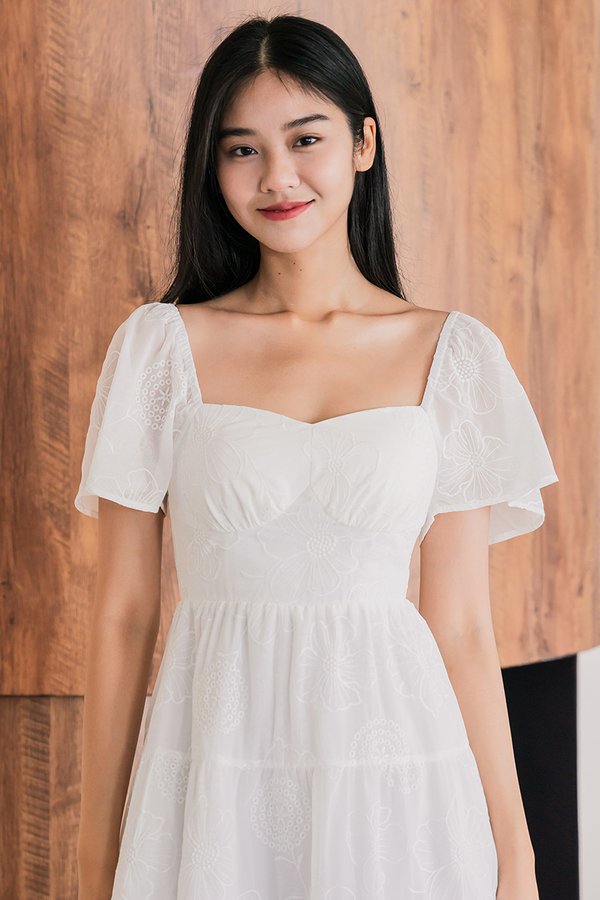 *RESTOCKED* Darley Padded Flutter Sleeve Embroidery Dress (White)