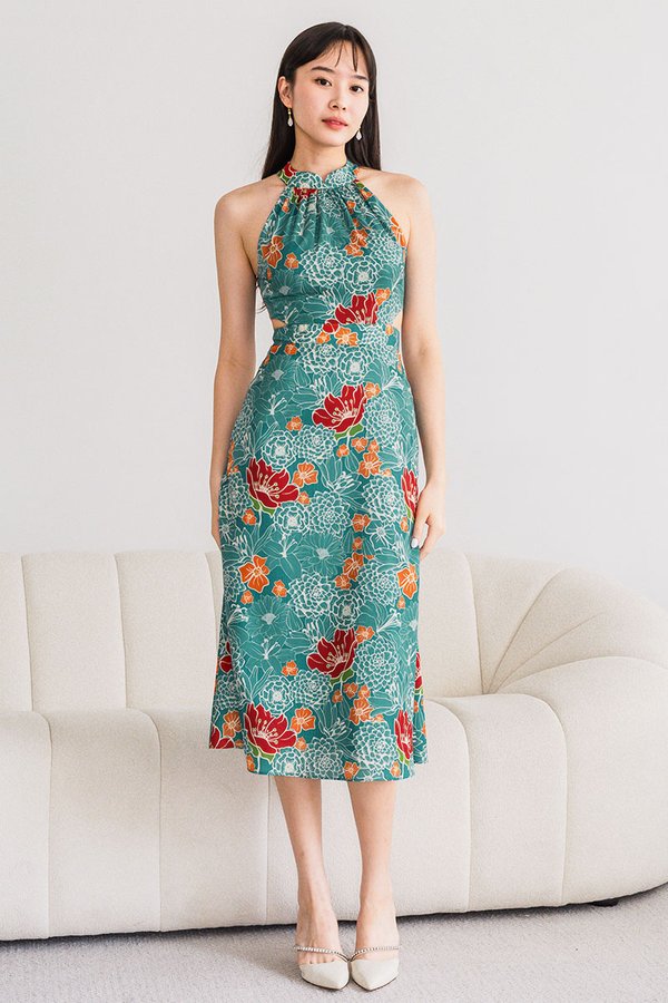 *RESTOCKED 2* Railey Cut-Out Halter Padded Midi Dress (Teal Peranakan)