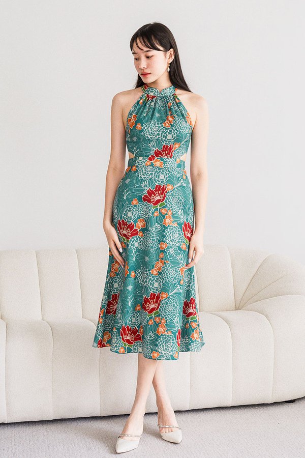 *RESTOCKED 2* Railey Cut-Out Halter Padded Midi Dress (Teal Peranakan)