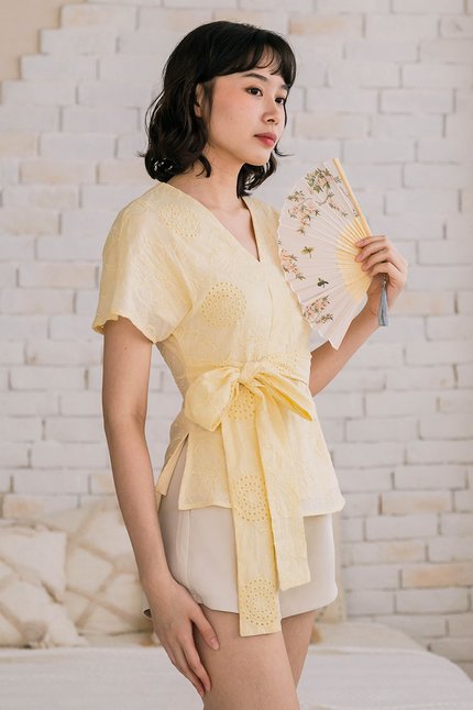 Aika Kimono Wrap Tie-Waist Embroidery Top (Daffodil)