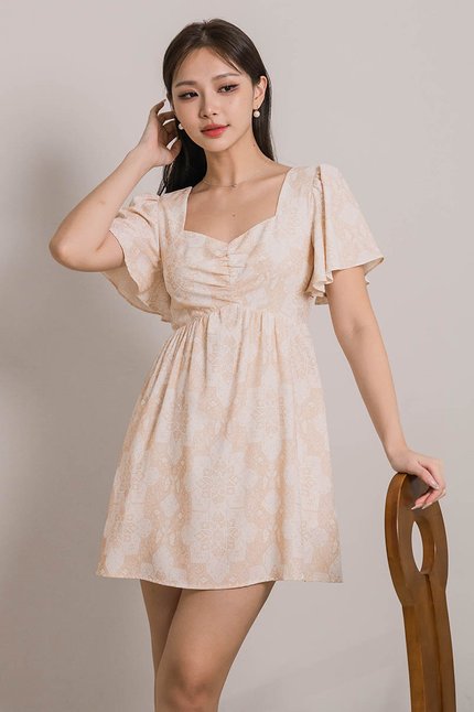 Angela Flutter Sleeve Babydoll Romper Dress (Sandstone Moroccan Tunes)